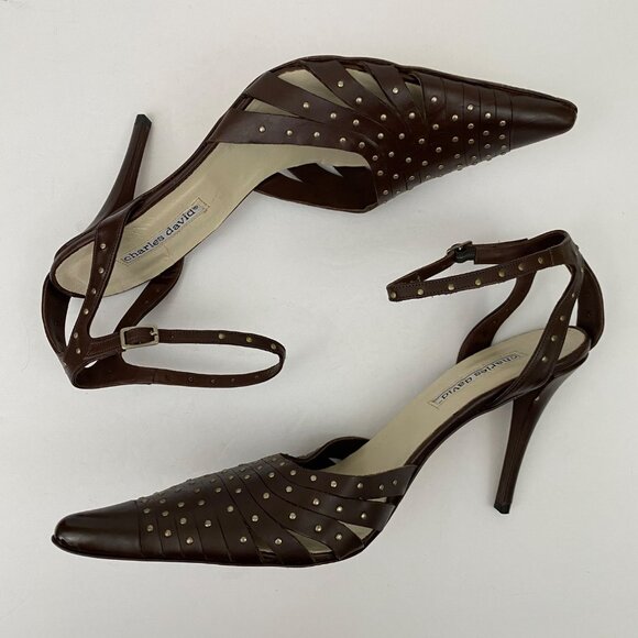 Charles David Brown Leather Studded Pointed Toe High Heels Ankle Strap Size 40 - Picture 3 of 10